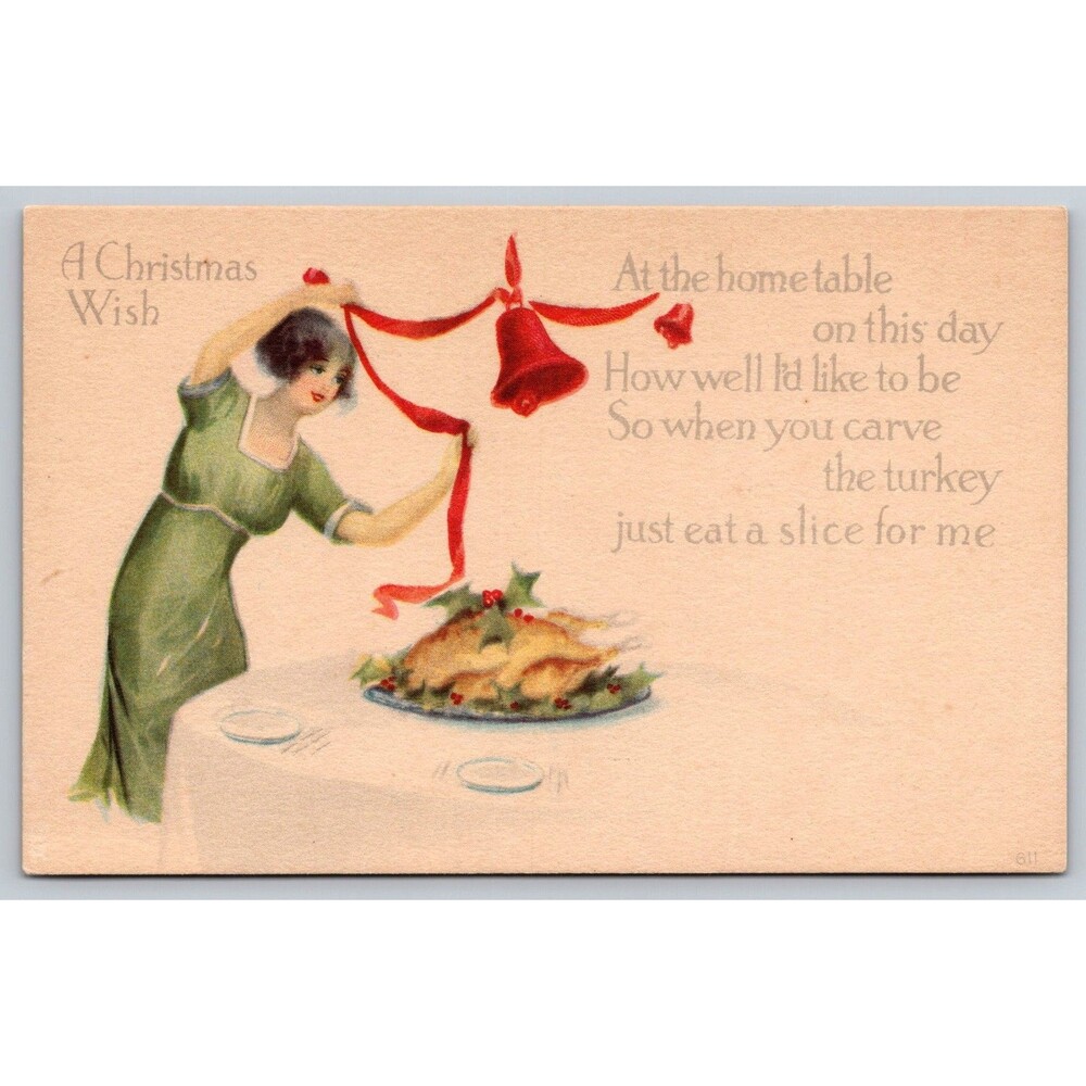 Antique Postcard Christmas Wish Woman Turkey Bell c1910 Very Nice Condition
